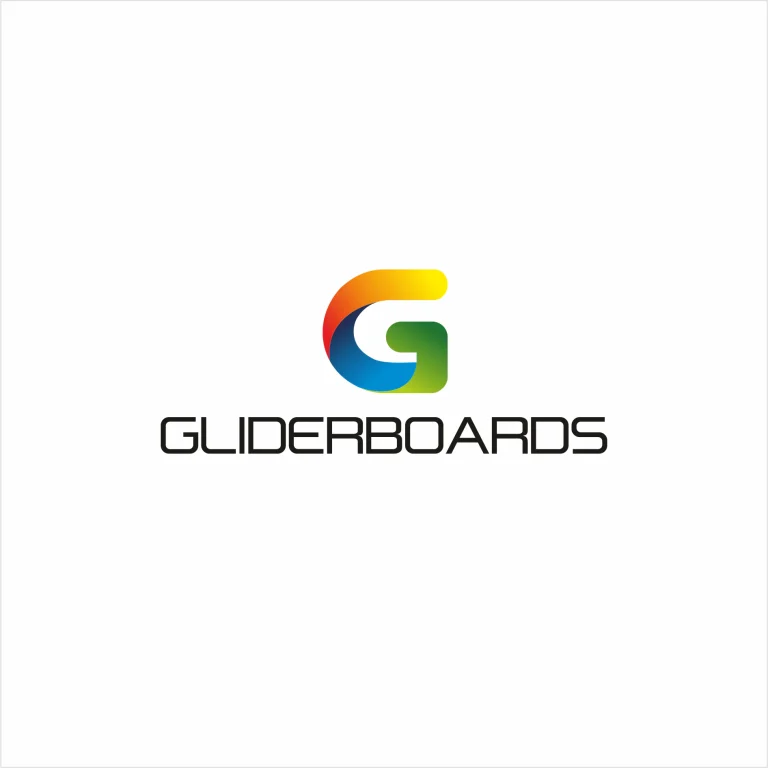 Графично лого с цветна буква G с градиент и изписано име GLIDERBOARDS с тънки черни букви на бял фон.