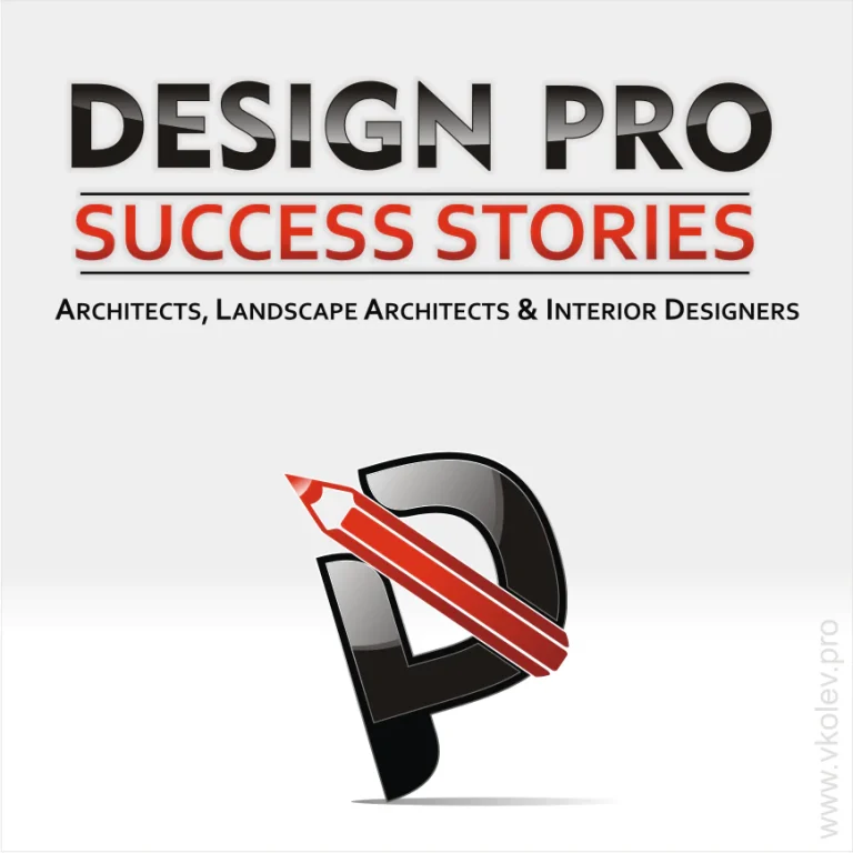 Графично лого с буквата P и червен молив върху светъл фон с надпис Design Pro Success Stories.