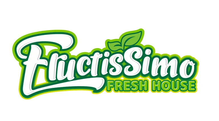 Графично лого с надпис FructiSimo FRESH HOUSE в зелени и бели нюанси с икона на листо.