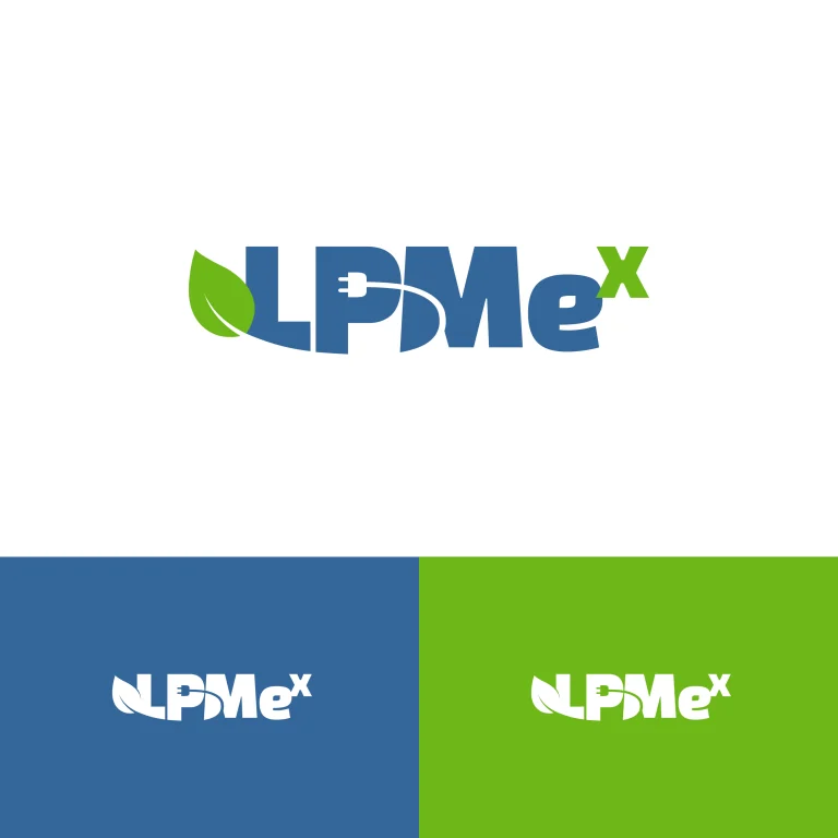 Графично лого с надпис LPMex, включващо стилизиран зелен лист и символ на електрически щепсел в синьо и зелено.