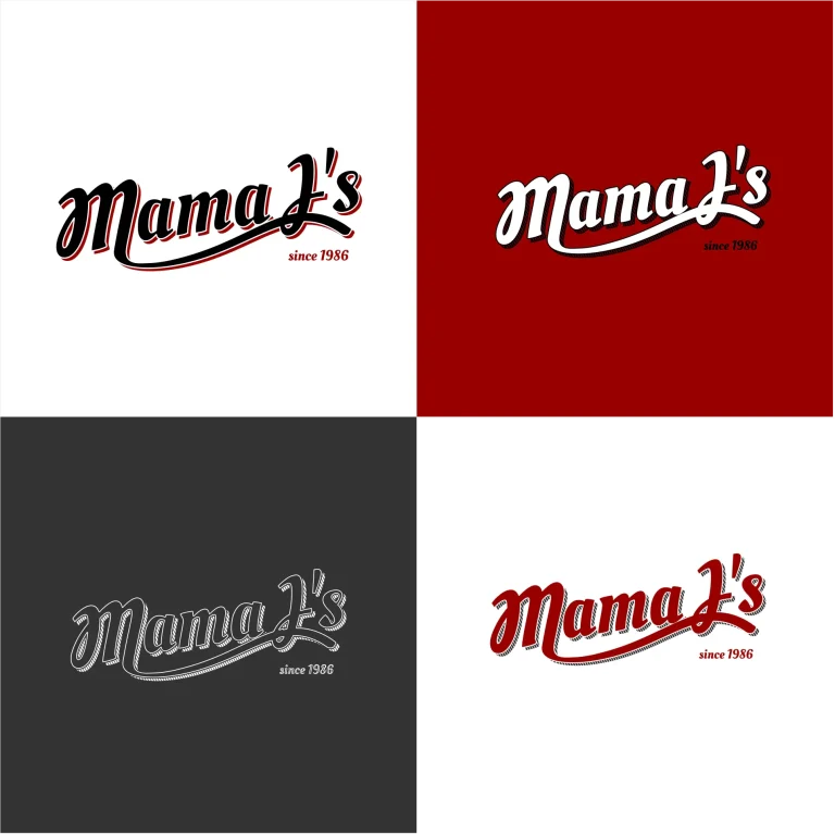 Четири вариации на типографско лого с надпис Mama J's и година на създаване върху различни фонови цветове.