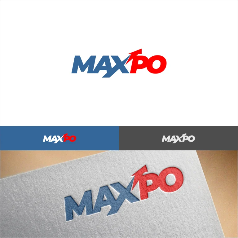 Графично представяне на лого с надпис MAXPO, включващо стилизирана стрелка и вариации върху бял, син и сив фон.