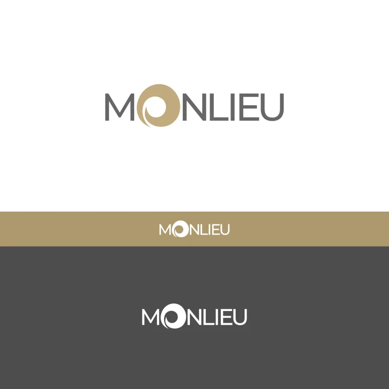 Графично лого с името MONLIEU, при което буквата О е представена като стилизиран златист кръг с вътрешна извивка.