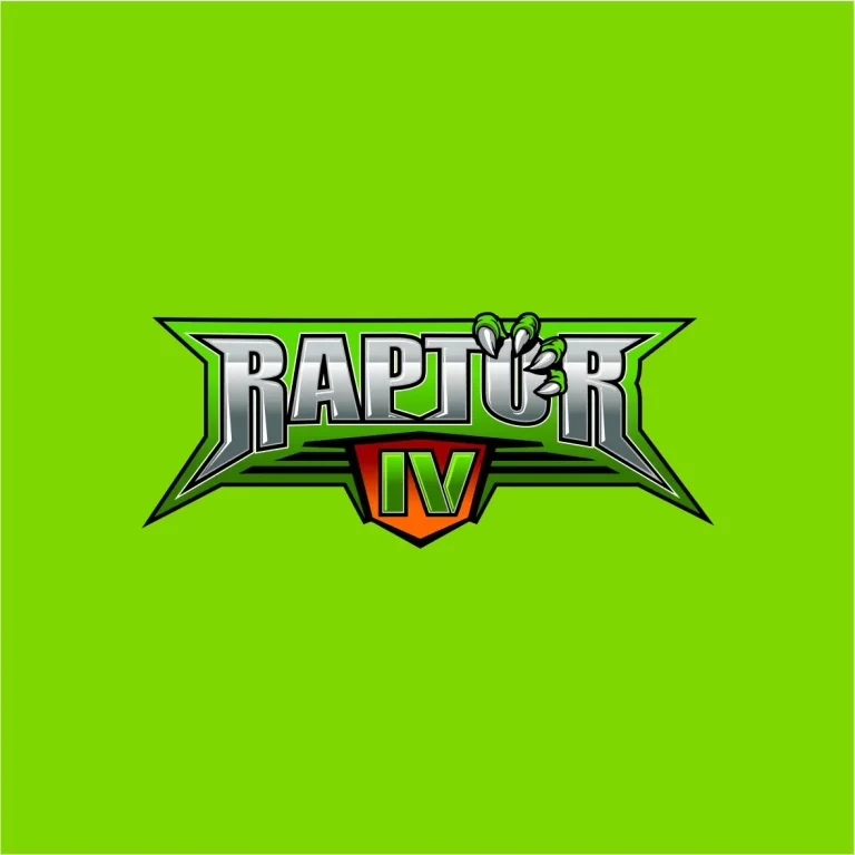 Графично лого с надпис RAPTOR IV, стилизирани метални букви и нокът върху яркозелен фон.