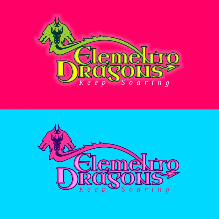 Графичен дизайн на лого с илюстрация на дракон и надпис Elemeltro Dragons на розов и светлосин фон.
