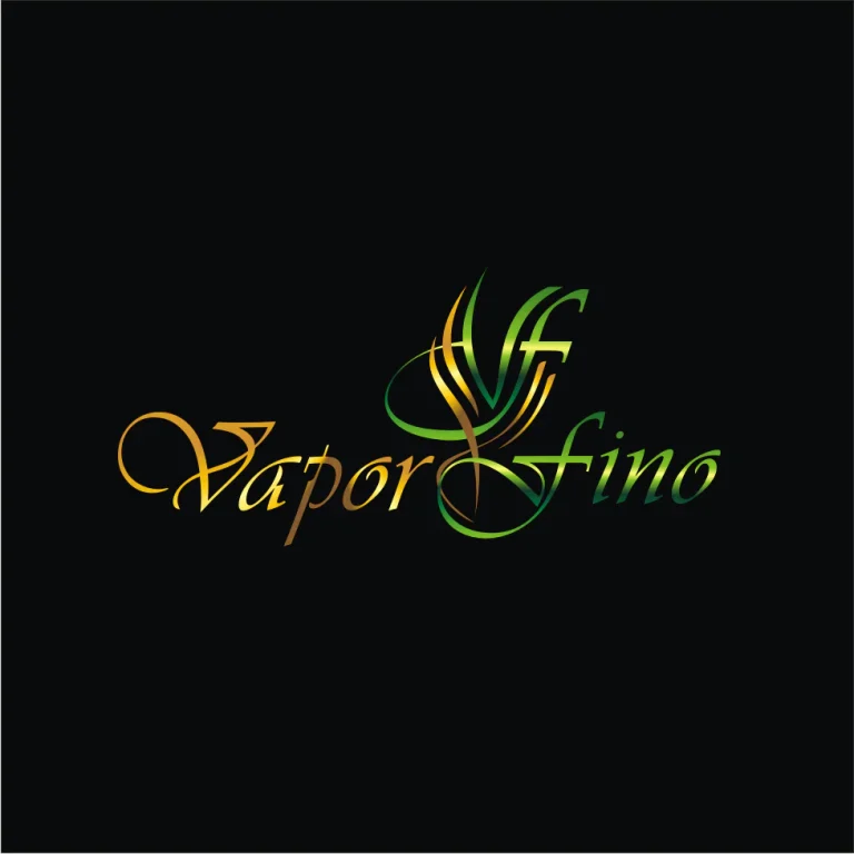Стилизирано лого с надпис Vapor Fino в златисто и зелено с декоративни калиграфски елементи върху черен фон.