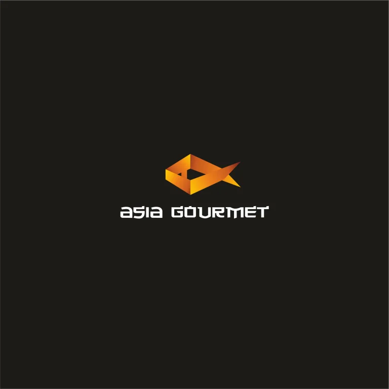 Графично лого с оранжева стилизирана риба и надпис Asia Gourmet на черен фон.