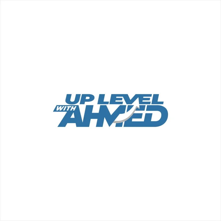 Графичен дизайн на лого с надпис UP LEVEL WITH AHMED в синьо и стилизирана бяла стрелка, насочена нагоре.