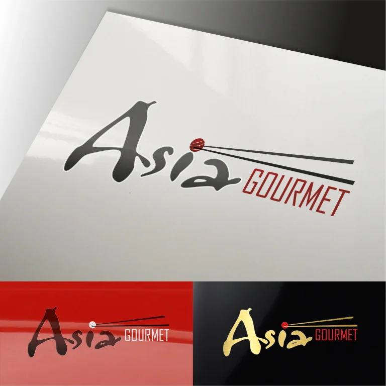 Графичен дизайн на лого с надпис Asia Gourmet, включващо стилизирани клечки за хранене и малък кръгъл елемент.