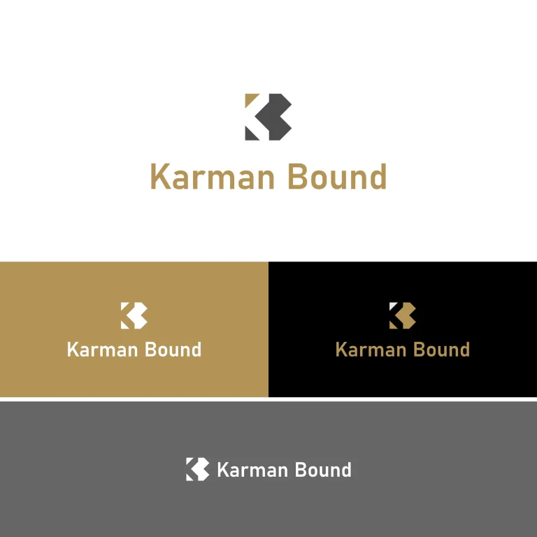 Графично представяне на лого с абстрактен символ и надпис Karman Bound върху бял, златист, черен и сив фон.