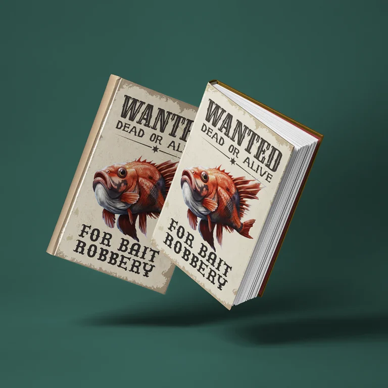 Дигитален макап на две книги с илюстрация на риба и надпис в стил обява за издирване върху кориците.