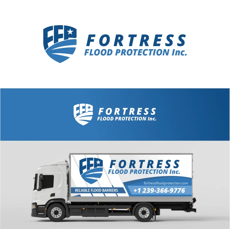 Дизайн на лого и брандиране на камион с името на компанията Fortress Flood Protection Inc. и сини графични елементи.