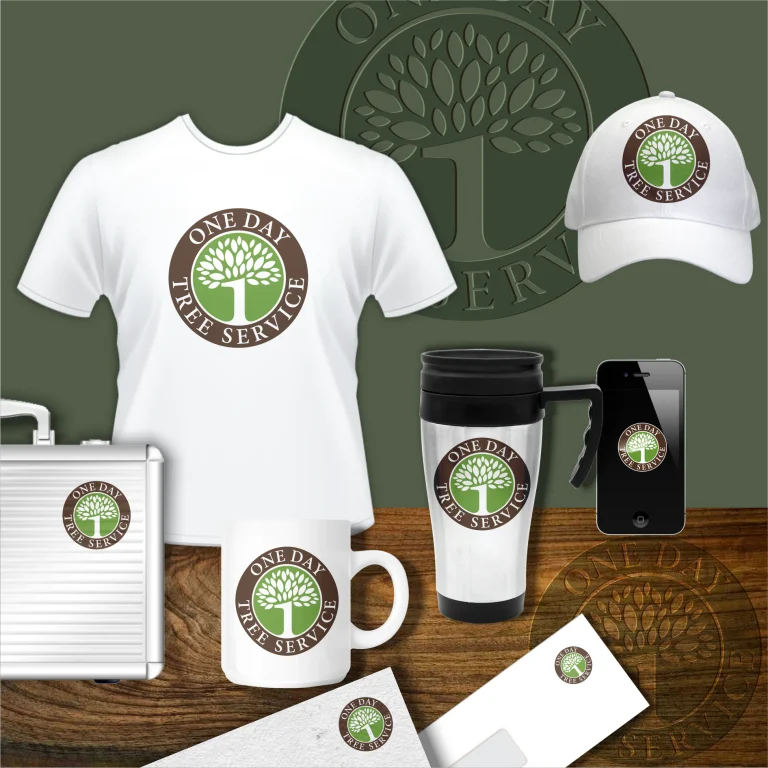 Дигитален макет на брандирани рекламни материали с логото на One Day Tree Service върху тениска, шапка, чаши и офис консумативи.