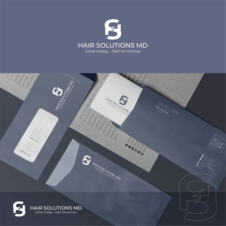 Дигитален макет на корпоративни пликове и бланки с логото на HAIR SOLUTIONS MD върху тъмносин фон.