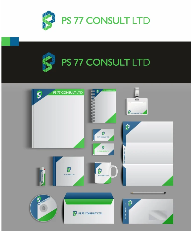 Дигитален макет на брандирани рекламни материали с логото на PS 77 CONSULT LTD върху тефтер, визитки, чаша, папка и пликове.
