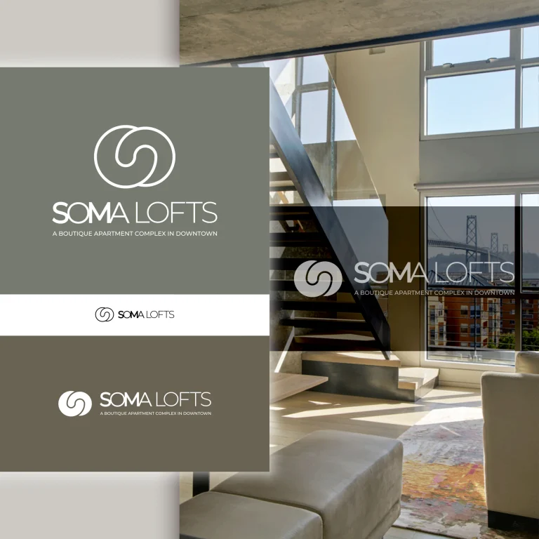 Графично представяне на лого SOMA LOFTS върху сив фон и в интериор на модерен апартамент с гледка към мост.