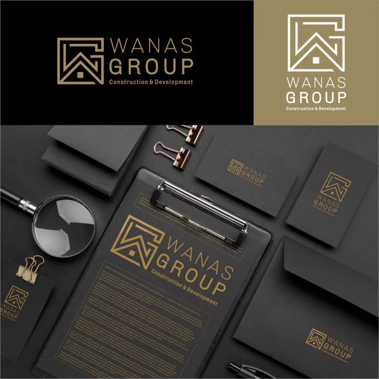 Дигитален макет на корпоративни материали с логото на Wanas Group, включващ папка, пликове и лупа върху тъмна повърхност.