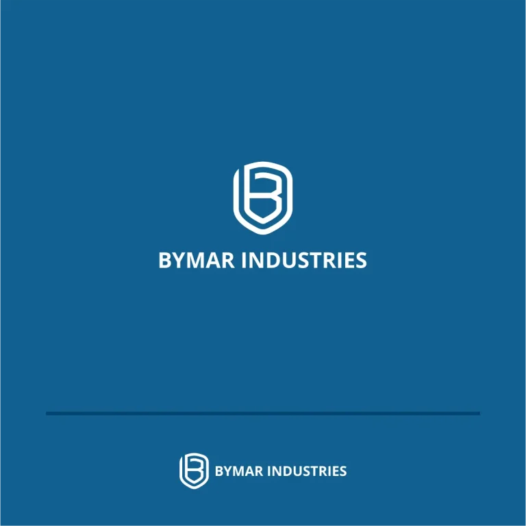 Минималистично лого на Bymar Industries с бяла икона във формата на щит върху плътен син фон.