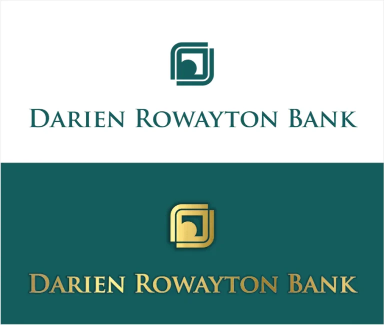 Графично представяне на лого с името Darien Rowayton Bank в два варианта върху бял и тъмнозелен фон.