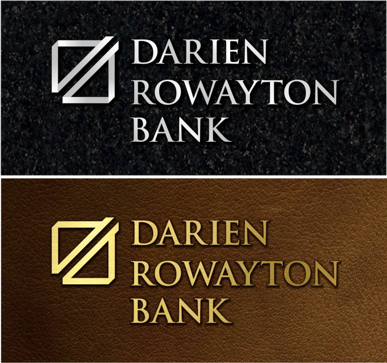Визуализация на лого с името Darien Rowayton Bank, представено в сребрист и златист вариант върху текстурирани повърхности.