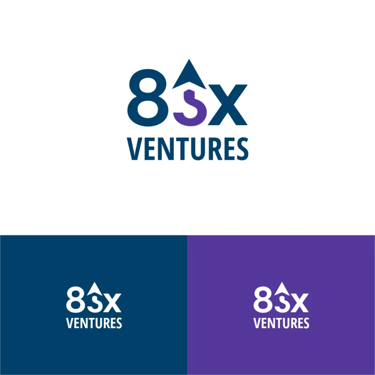 Графично лого с надпис 8x Ventures, включващо стилизирана стрелка нагоре и лилава буква S в центъра на композицията.
