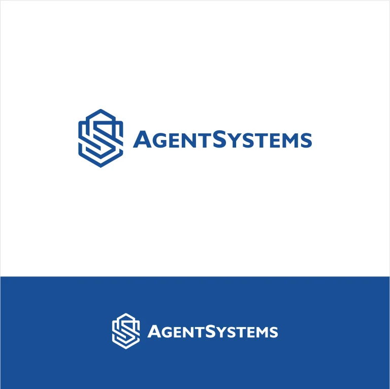 Графично лого с геометричен символ и надпис AGENTSYSTEMS, представено в два варианта върху бял и син фон.
