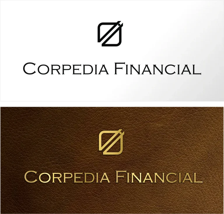 Графично представяне на лого с надпис Corpedia Financial върху бял фон и върху текстурирана кафява повърхност с ефект на кожа.