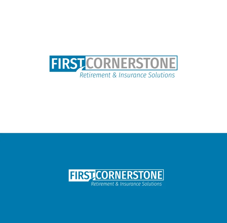Графично лого на First Cornerstone с текст Retirement & Insurance Solutions в две цветови вариации върху бял и син фон.