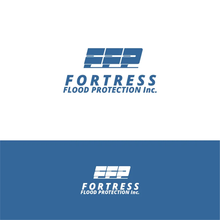 Графично лого на Fortress Flood Protection Inc. с абстрактен символ от три наклонени правоъгълни елемента в син цвят.