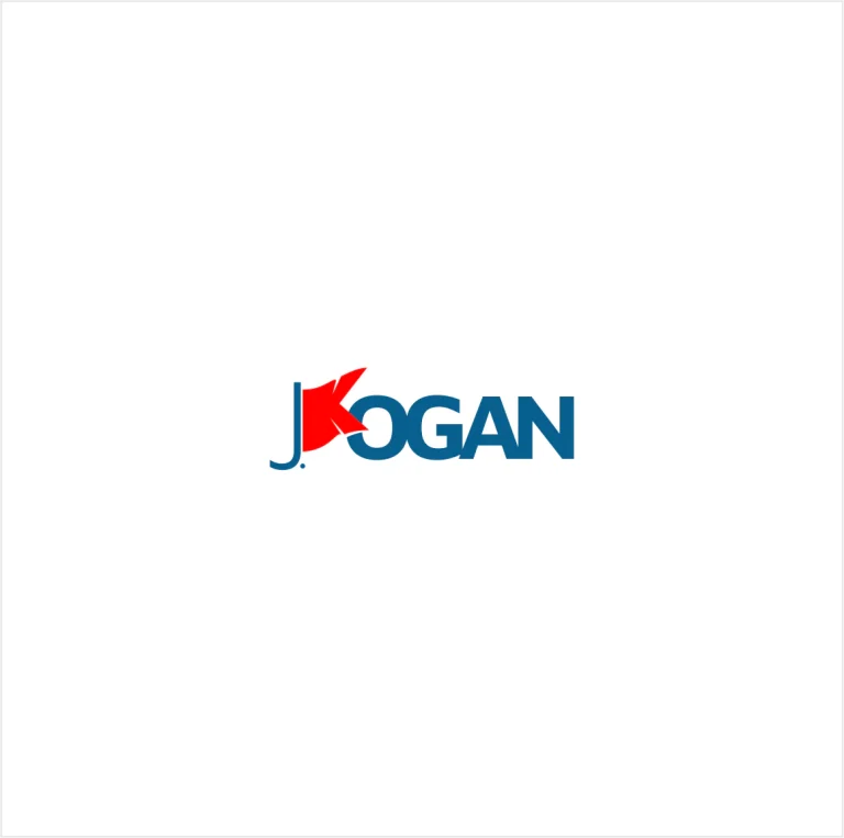 Графично лого с надпис J KOGAN, където буквата K е стилизирана с червен елемент върху бял фон.