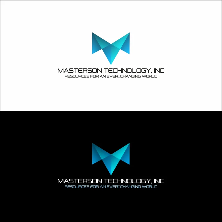 Графично лого с абстрактен син елемент във формата на буквата М и надпис Masterson Technology върху бял и черен фон.