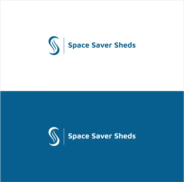 Графично лого с абстрактен символ във формата на буквата S и надпис Space Saver Sheds, представено в два цветови варианта.