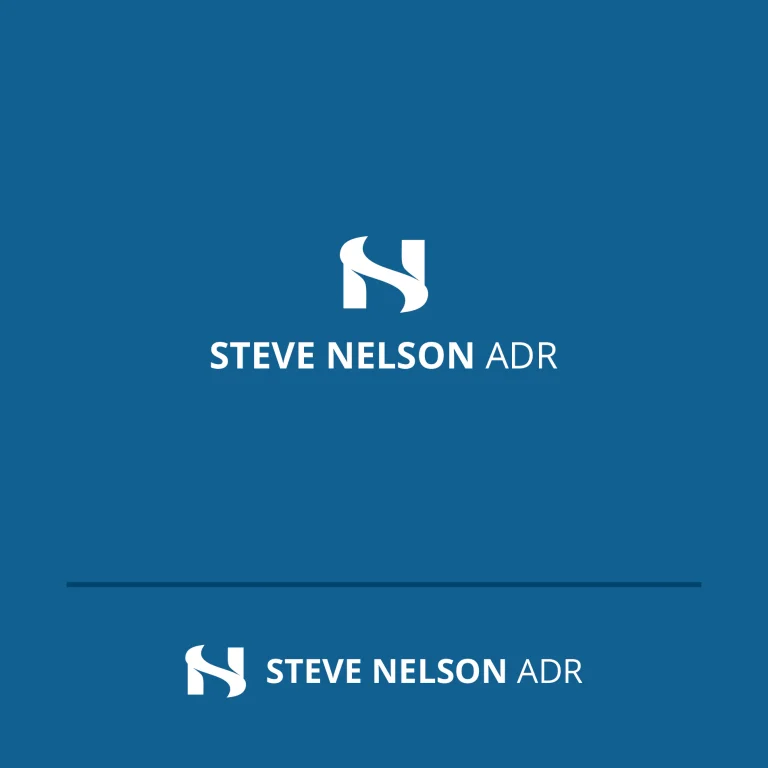 Графично лого с абстрактен символ във формата на буквата S и надпис Steve Nelson ADR на син фон.