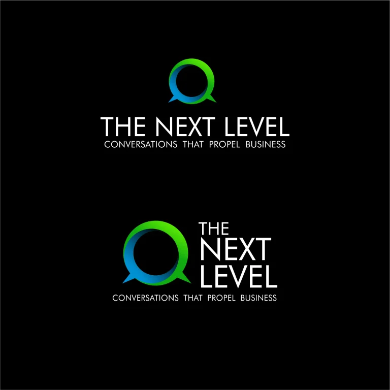 Графичен дизайн на лого с градиентен кръг и текст The Next Level на черен фон в две различни композиции.