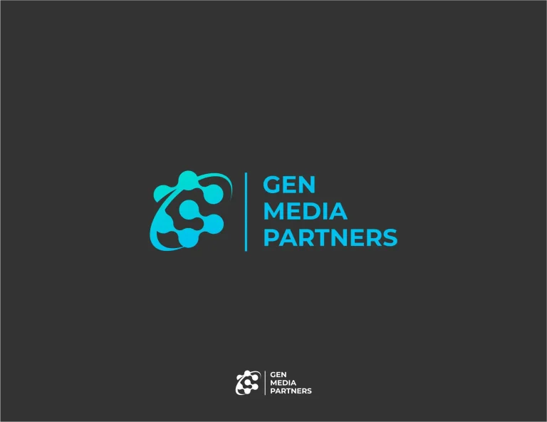 Лого дизайн на GEN MEDIA PARTNERS с абстрактен символ от свързани сини точки върху тъмносив фон.