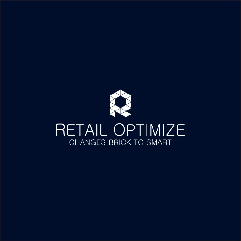 Минималистично лого с геометричен символ от триъгълници и надпис RETAIL OPTIMIZE върху тъмносин фон.