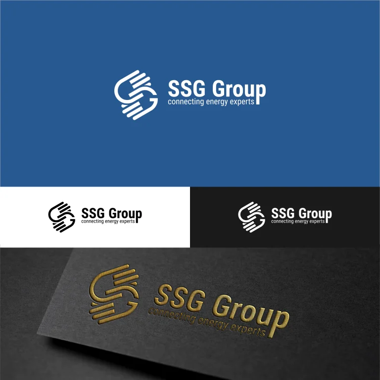 Графично представяне на лого за SSG Group с абстрактен символ от преплетени линии и текст върху различни фонове.