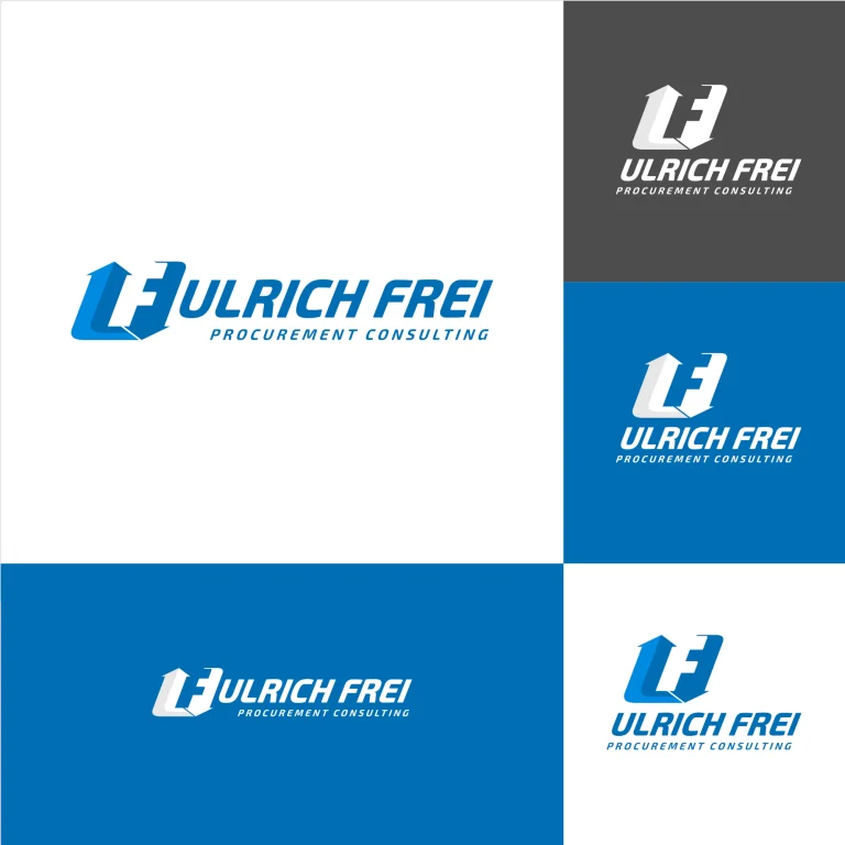 Графично представяне на лого с монограм UF и надпис Ulrich Frei Procurement Consulting в различни цветови вариации.