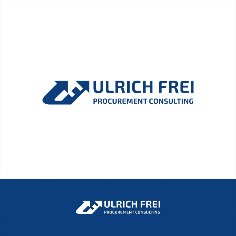 Графично лого на Ulrich Frei Procurement Consulting, състоящо се от стилизиран символ със стрелка и типография в тъмносин цвят.