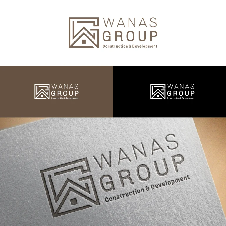 Графично лого на Wanas Group с геометричен символ на къща, представено в различни цветови варианти и релефен макет върху хартия.