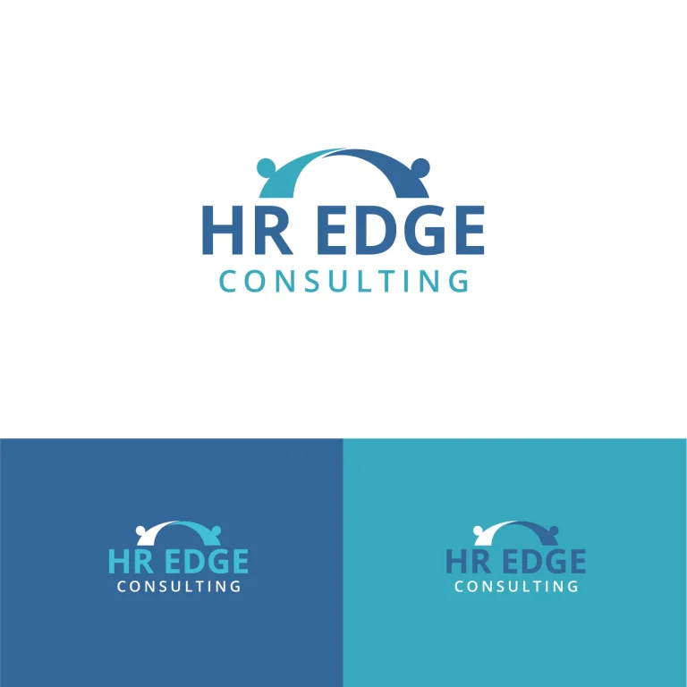 Графично лого с абстрактен мост от човешки фигури и надпис HR EDGE CONSULTING в сини нюанси.