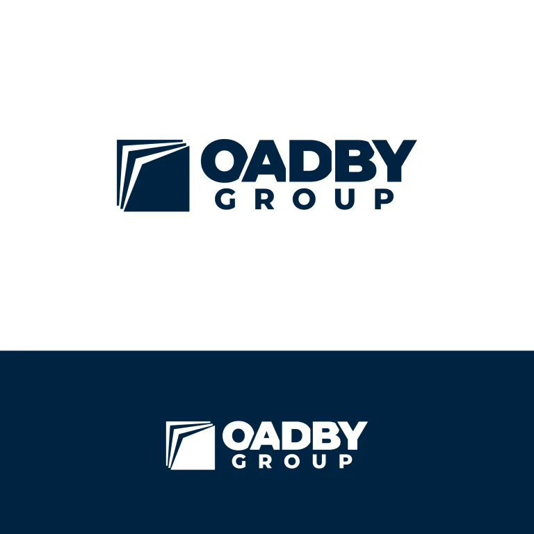 Графичен дизайн на лого с името OADBY GROUP и абстрактна икона на прелистващи се страници в тъмносин и бял вариант.