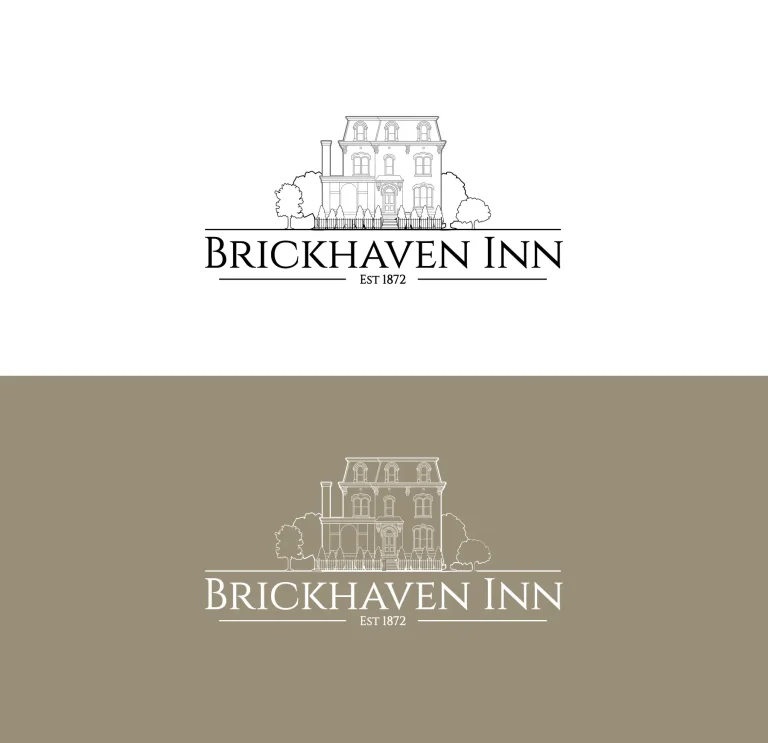Линейно лого с детайлна графична илюстрация на стара сграда и надпис BRICKHAVEN INN, представено в два цветови варианта.