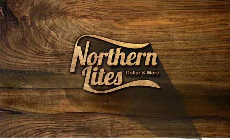 Дигитален макет на лого с надпис Northern Lites върху реалистична текстура от тъмно дърво с дълга сянка.