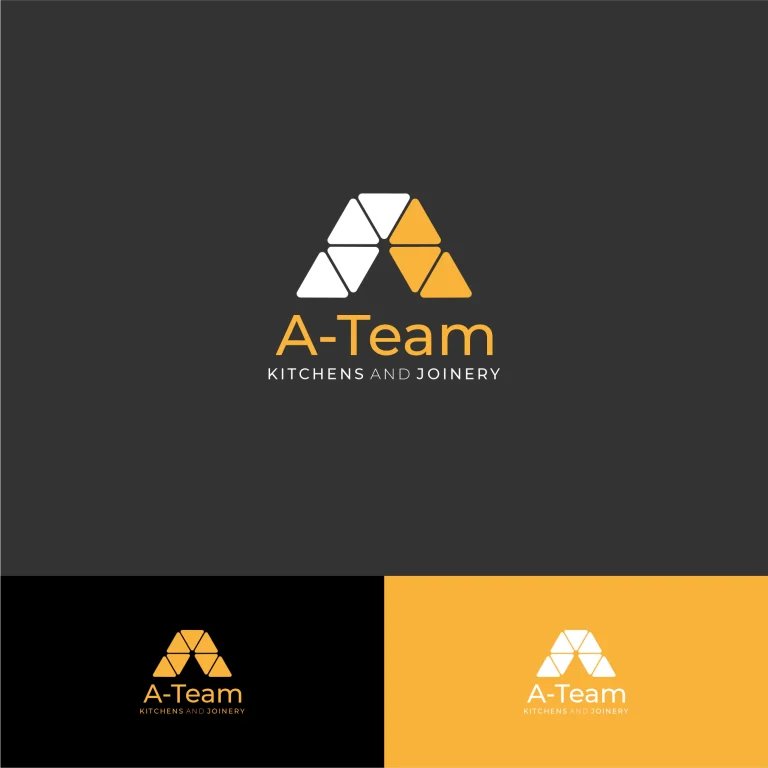 Графично лого с буква А, съставена от триъгълни елементи, и надпис A-Team Kitchens and Joinery в различни цветови вариации.