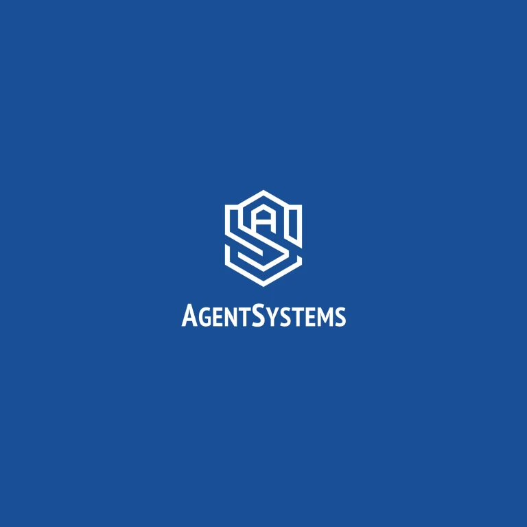 Бяло линейно лого с монограм в щитовидна форма и надпис AGENTSYSTEMS върху плътен син фон.