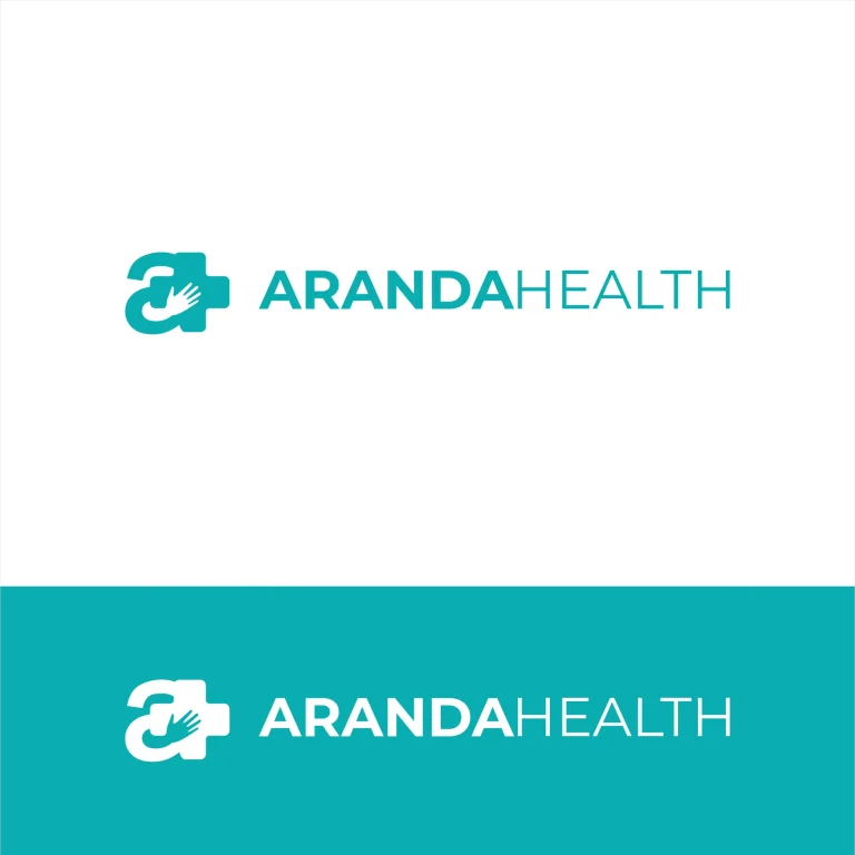 Графично лого на ArandaHealth, съчетаващо стилизирана буква А, медицински кръст и силует на ръка в тюркоазен цвят.