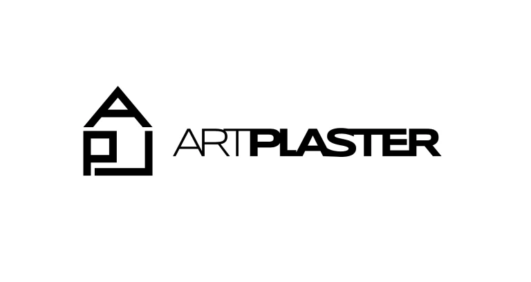 Черно лого с графичен символ на къща и надпис ARTPLASTER на бял фон.