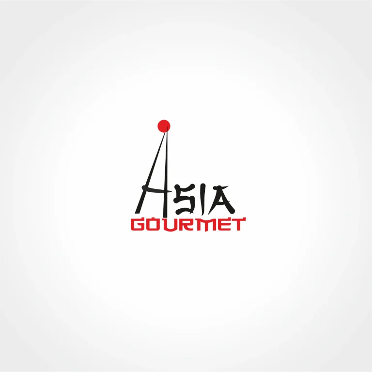 Графично лого с надпис Asia Gourmet, където буквата А е стилизирана като клечки за хранене с червена точка отгоре.
