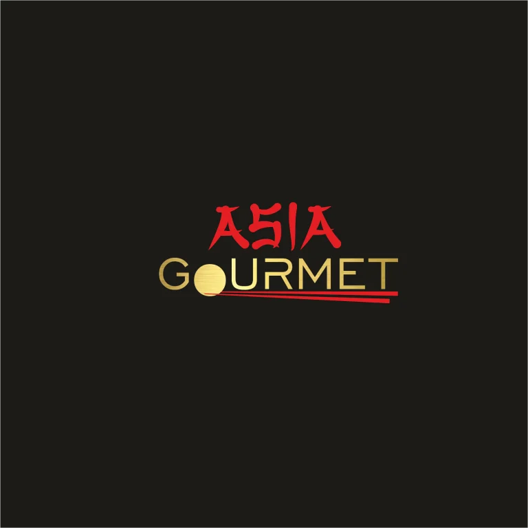 Графично лого с червен надпис ASIA и златист текст GOURMET върху тъмен фон.